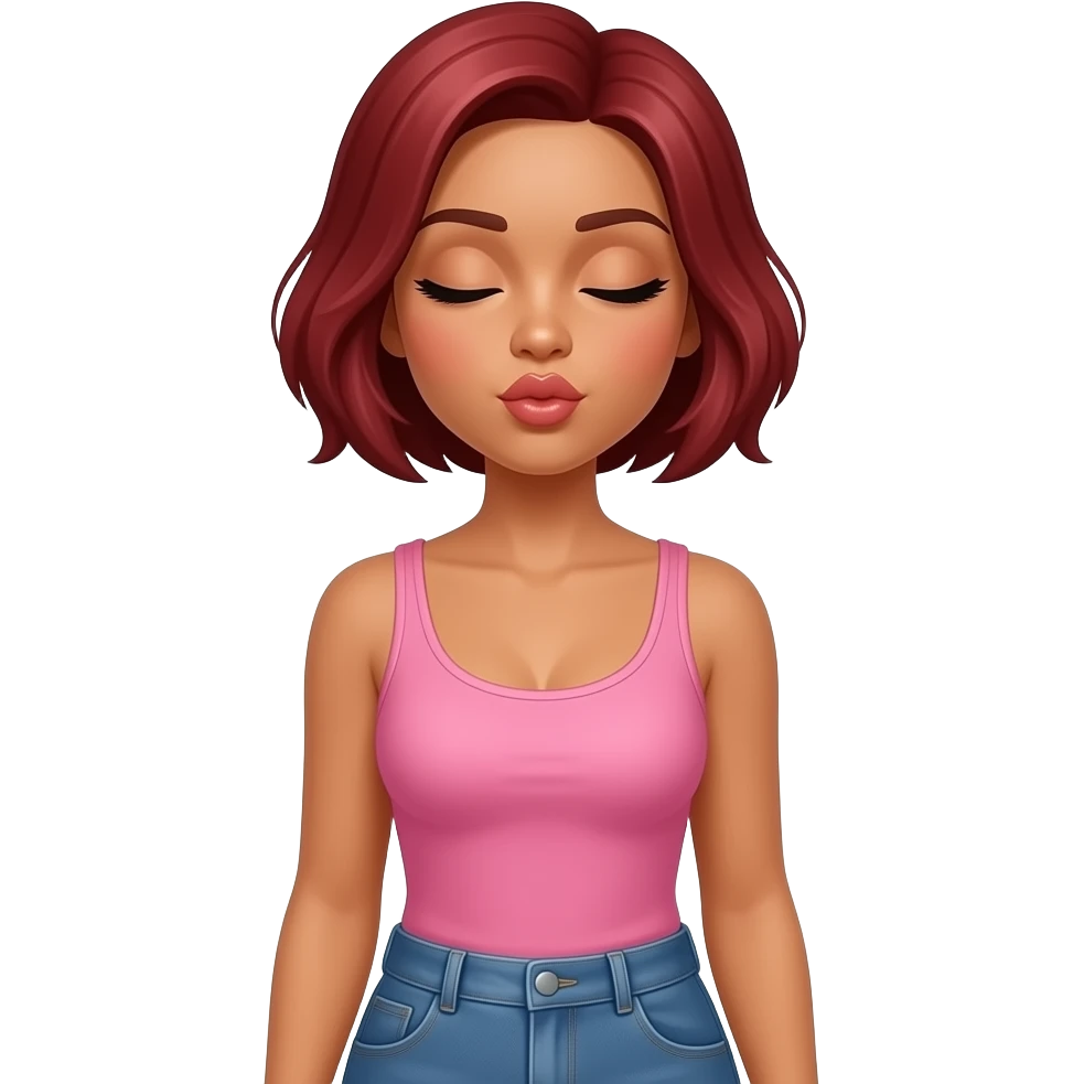 Diva Hazel eyes, tanned skin. Red dark blonde very short hair. Pink singlet. Blue jeans. Waist up. Closed eyes and blowing kiss emoji