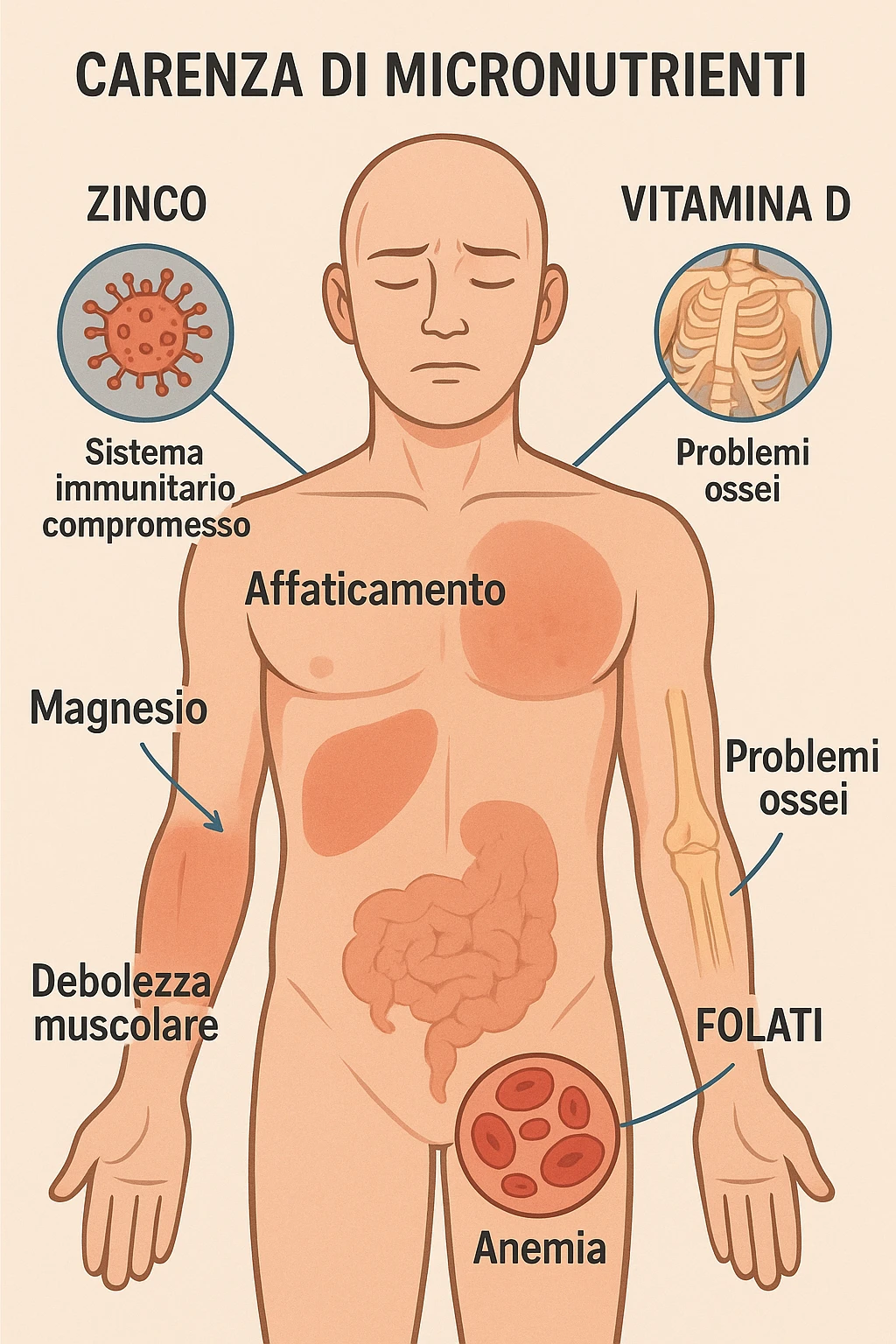 corpo umano in carenza di micronutrienti come zinco, magnesio, vitamina D, folati, in italiano emoji