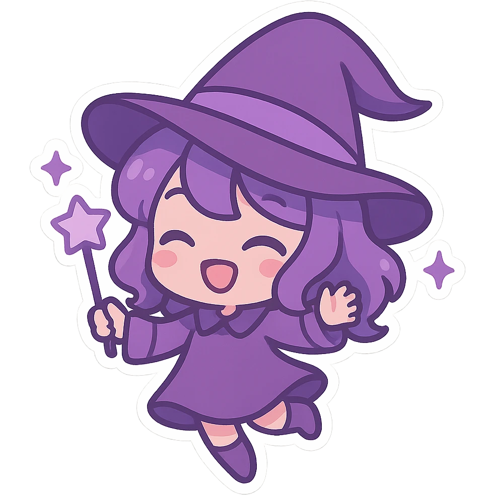 Purple Chibi stickers, cute witch hat, playful and magical, Chibi style emoji