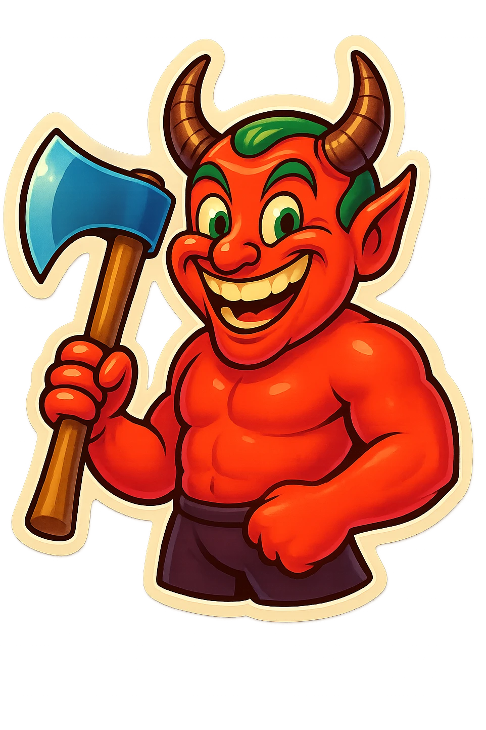 Make the devil look funny and happy, with a big smile and a playful, mischievous expression inspired by the Joker's accent and style. Keep the axe, add bright colors and a whimsical vibe. emoji