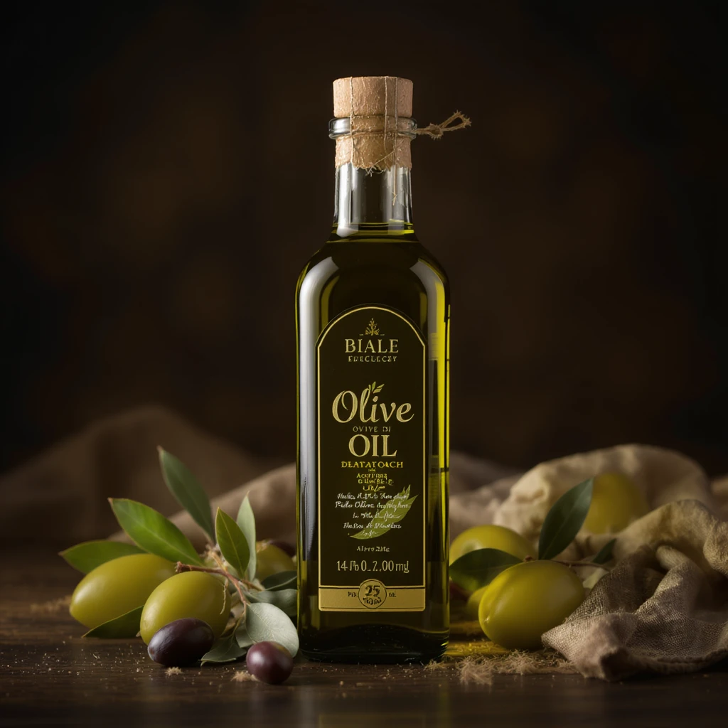 realistic olive oil bottle, high detail, professional photography style emoji