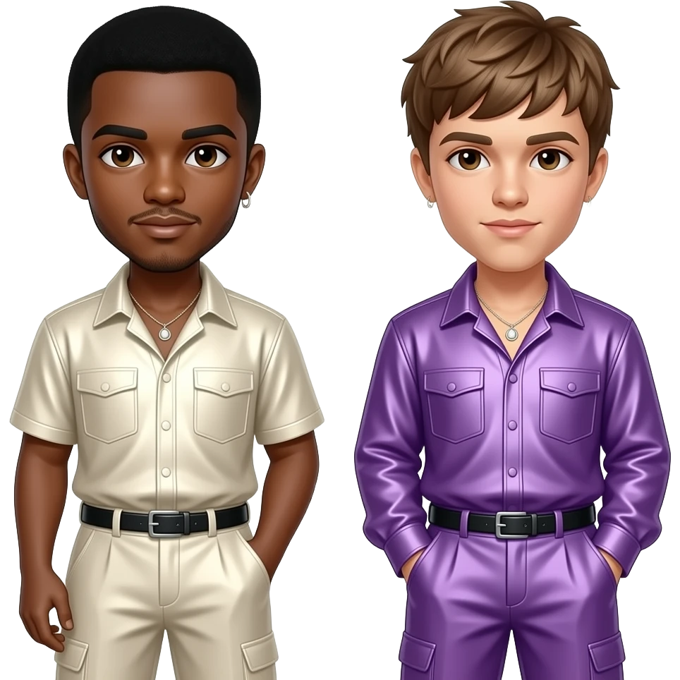 Usher with brown eyes, black hair, ivory metallic shirt and baggy pants, necklace, Justin Bieber with brown eyes, light brown hair, purple metallic shirt and baggy pants, necklace emoji