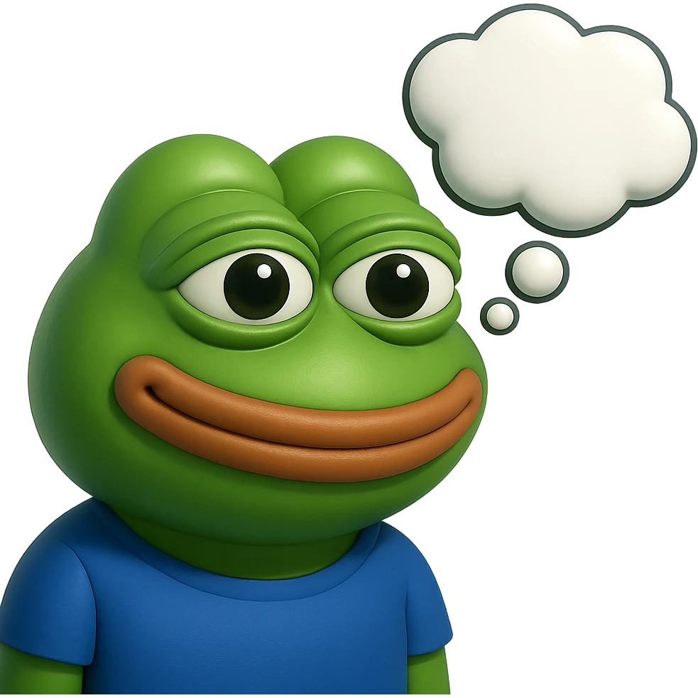 make a pepe in bright green smiling with thought bubble looking at right side in 3d style, good highlights and shadows, drop shadows emoji