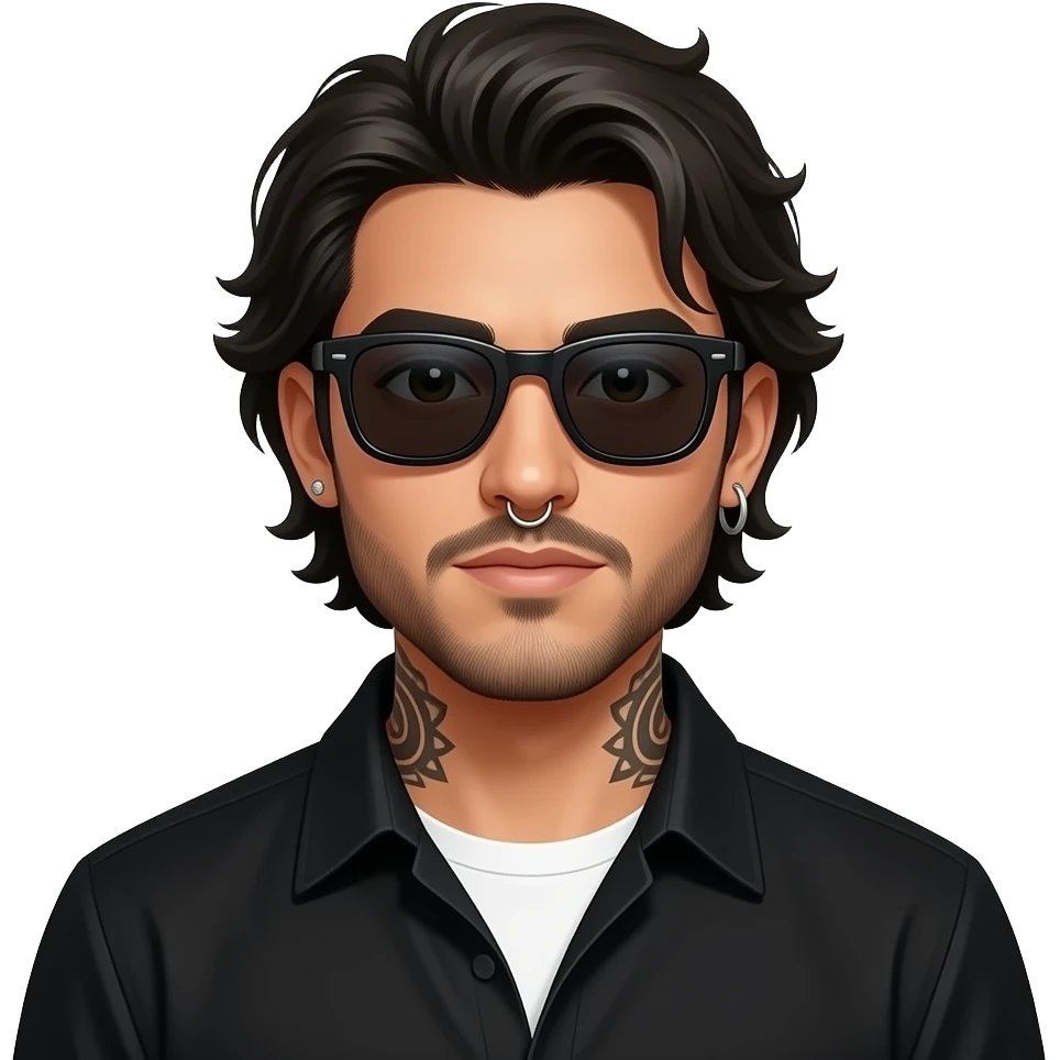 A handsome Latino man with medium length hair and beard and tattoos with a right nose hoop and a left earring hoop wearing all black with a white undershirt and black sunglasses emoji