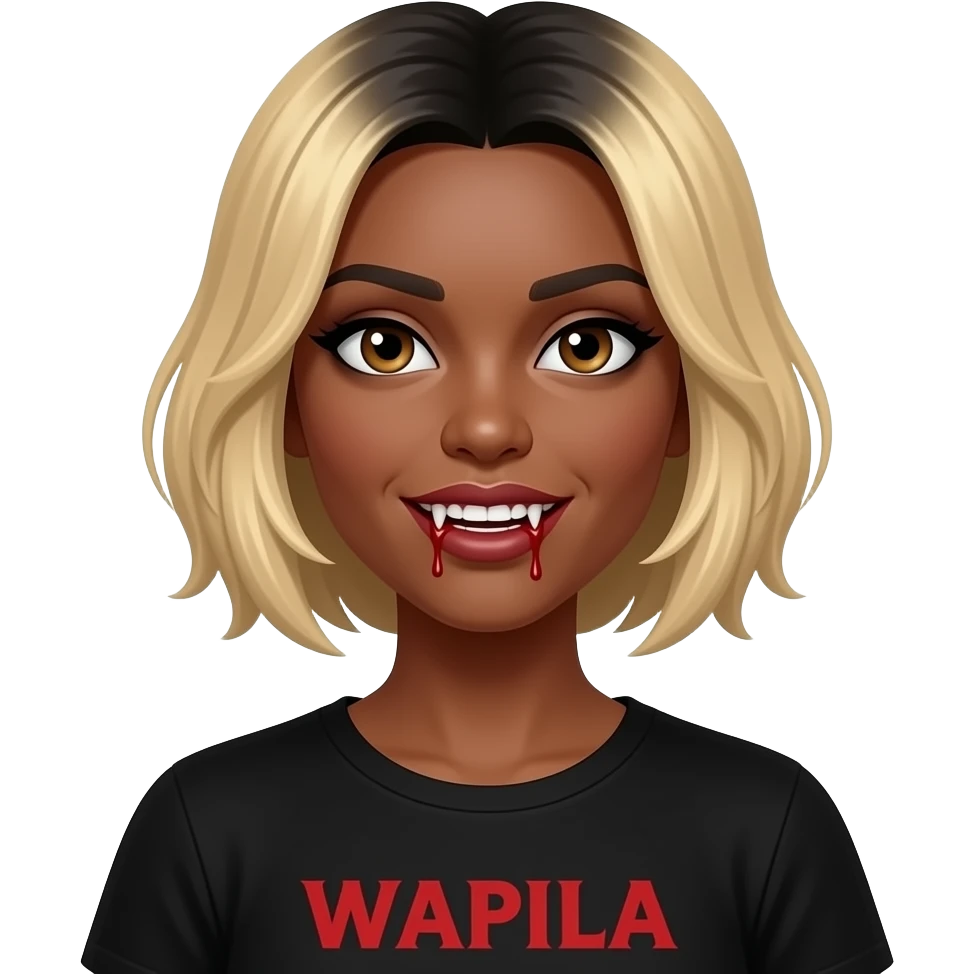 women blond medium short hair face looking to the side with black roots, black skin, brown eyes, black tee shirt vampire red writing,  dracula teeth with blood on the fangs emoji