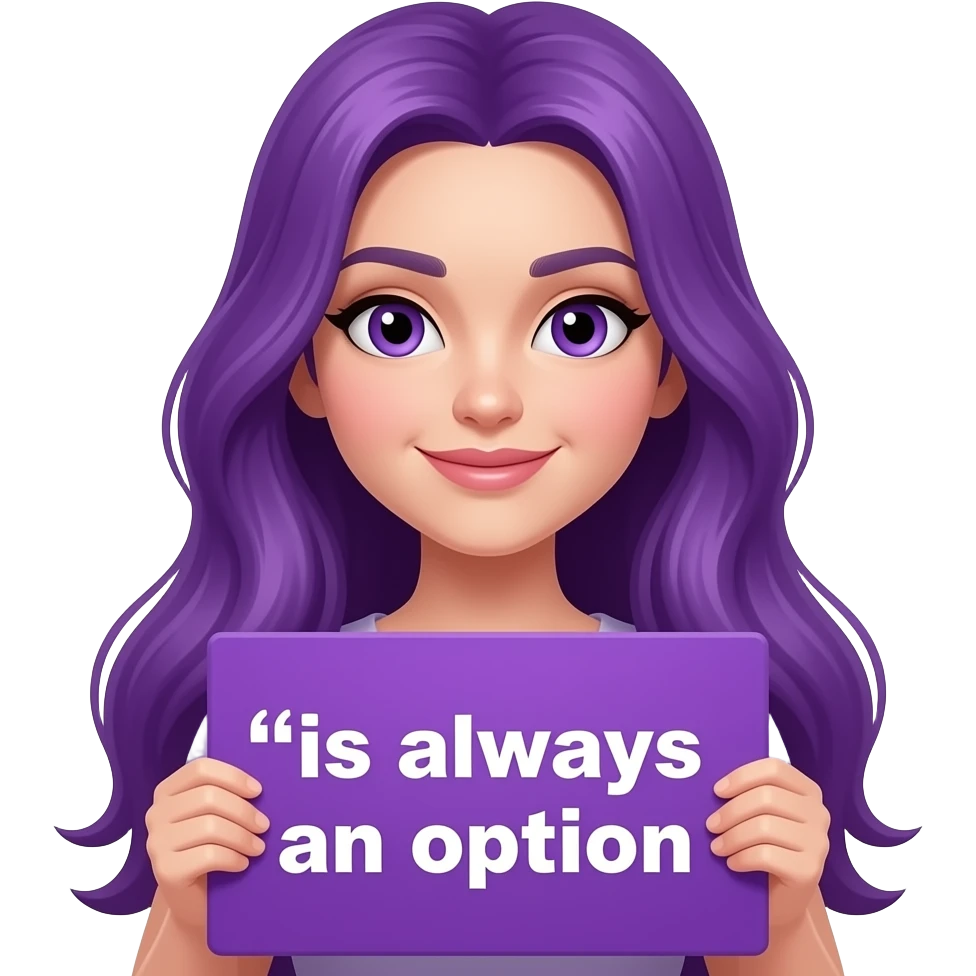 sexy girl with long purple hair and purple eyes holding a -PURPLE- is always an option sign emoji