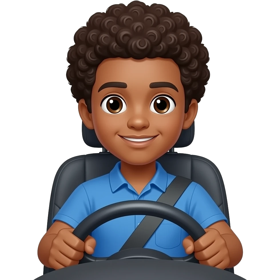 a boy in blue  shirt afro hairs driving with seat belt close up full steering wheel emoji