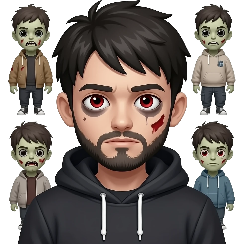 centered emoji zombie boy, short dark hair, light beard, hoodie, red eyes, dark circles, black background emoji