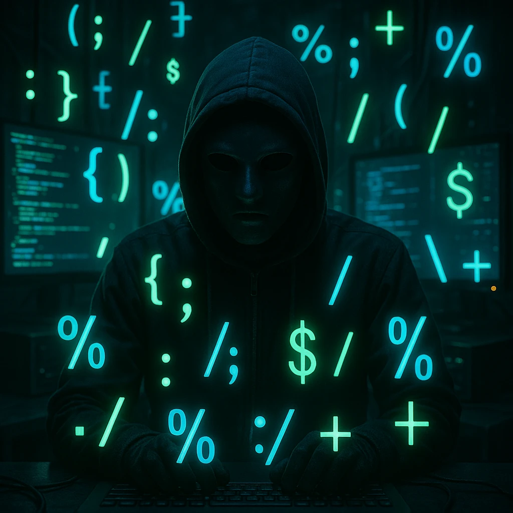 a mysterious hacker in a mask, surrounded by code emoji
