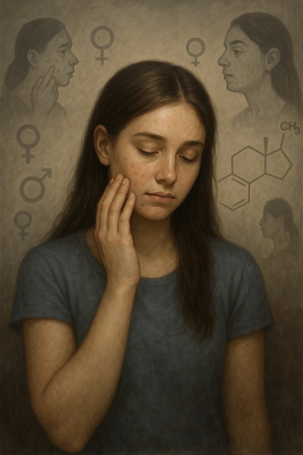 A young woman is surrounded by faint overlays of hormonal symbols and androgen molecules, with shadowy images of acne, facial hair, and oily skin projected around her, symbolizing the symptoms of PCOS with androgen excess. She looks down, gently touching her face with a resigned but hopeful expression, symbolizing her journey toward managing these symptoms. emoji
