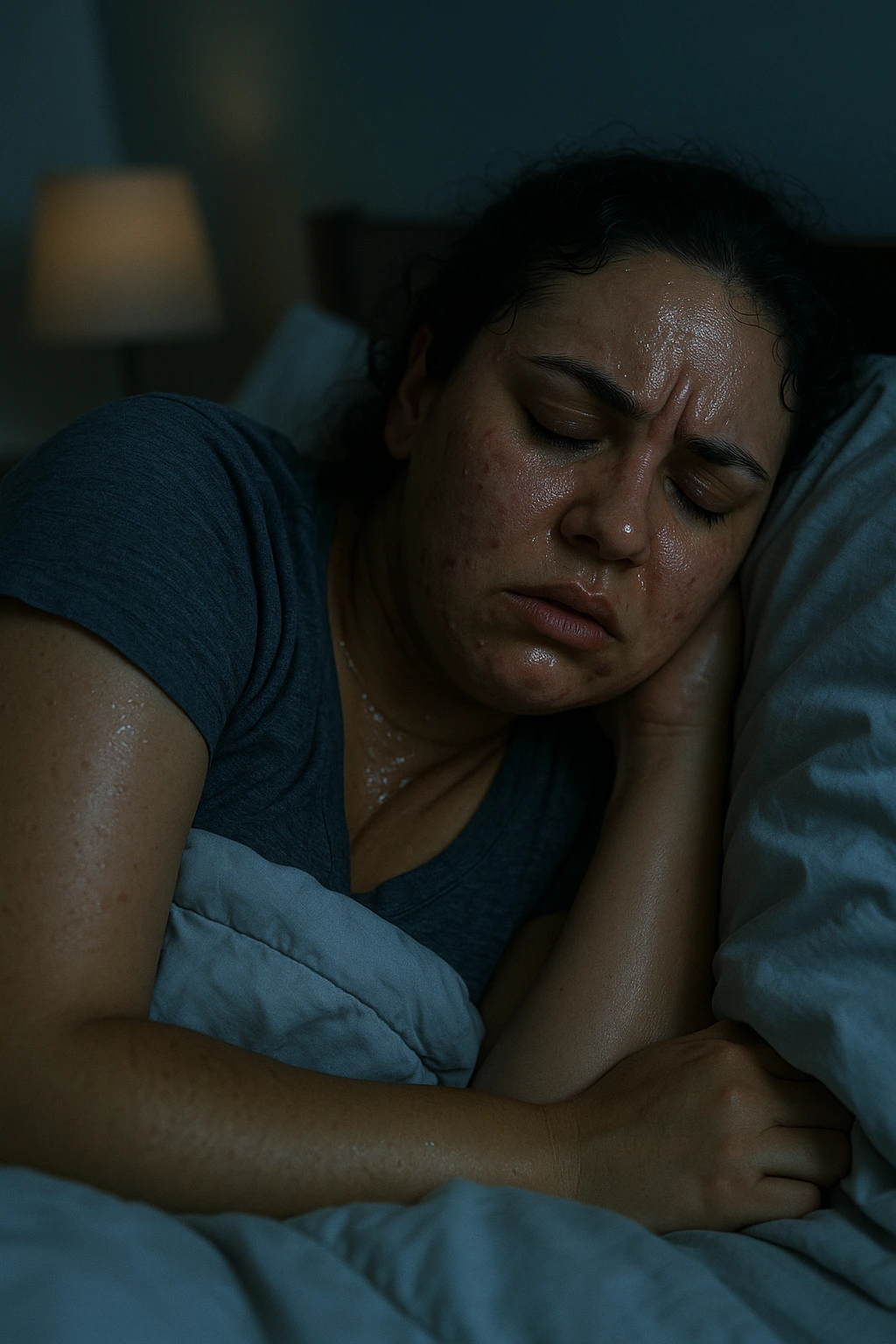 A realistic cinematic vertical 2:3 image of a woman with PCOS sleeping at night, showing signs of nocturnal glycemic instability such as sweating, agitation, and discomfort. Nighttime atmosphere with detailed, realistic features, minimal text. emoji