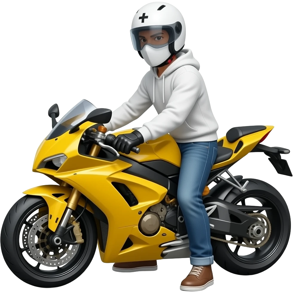man wearing blue jeans, a white hoodie, black black gloves, a white crosshelmet with a dark eyes shield and a white mask on a yellow cross motorcycle emoji
