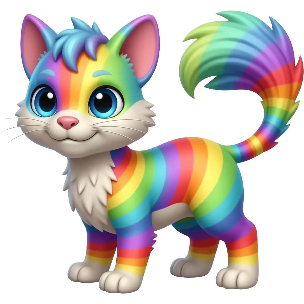 Colorful vernid fantasy creature LiLaiRa Kamirah Falvie whiskers paws full body gradient stripes tufted tail feline emoji