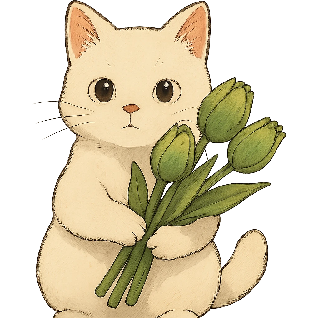 white cat holding green tulips emoji
