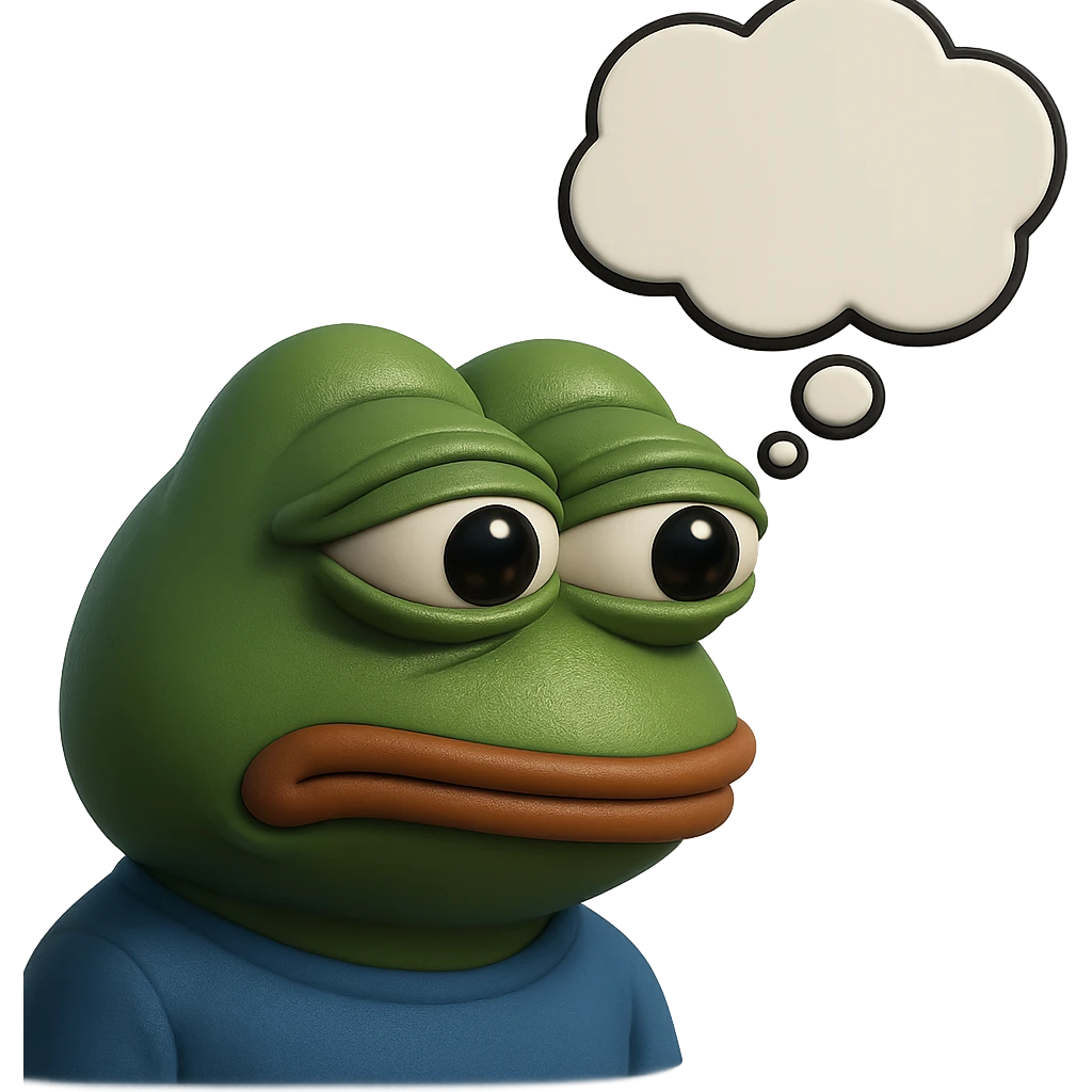 make a pepe with thought bubble looking at left side in 3d style, good highlights and shadows, drop shadows  emoji