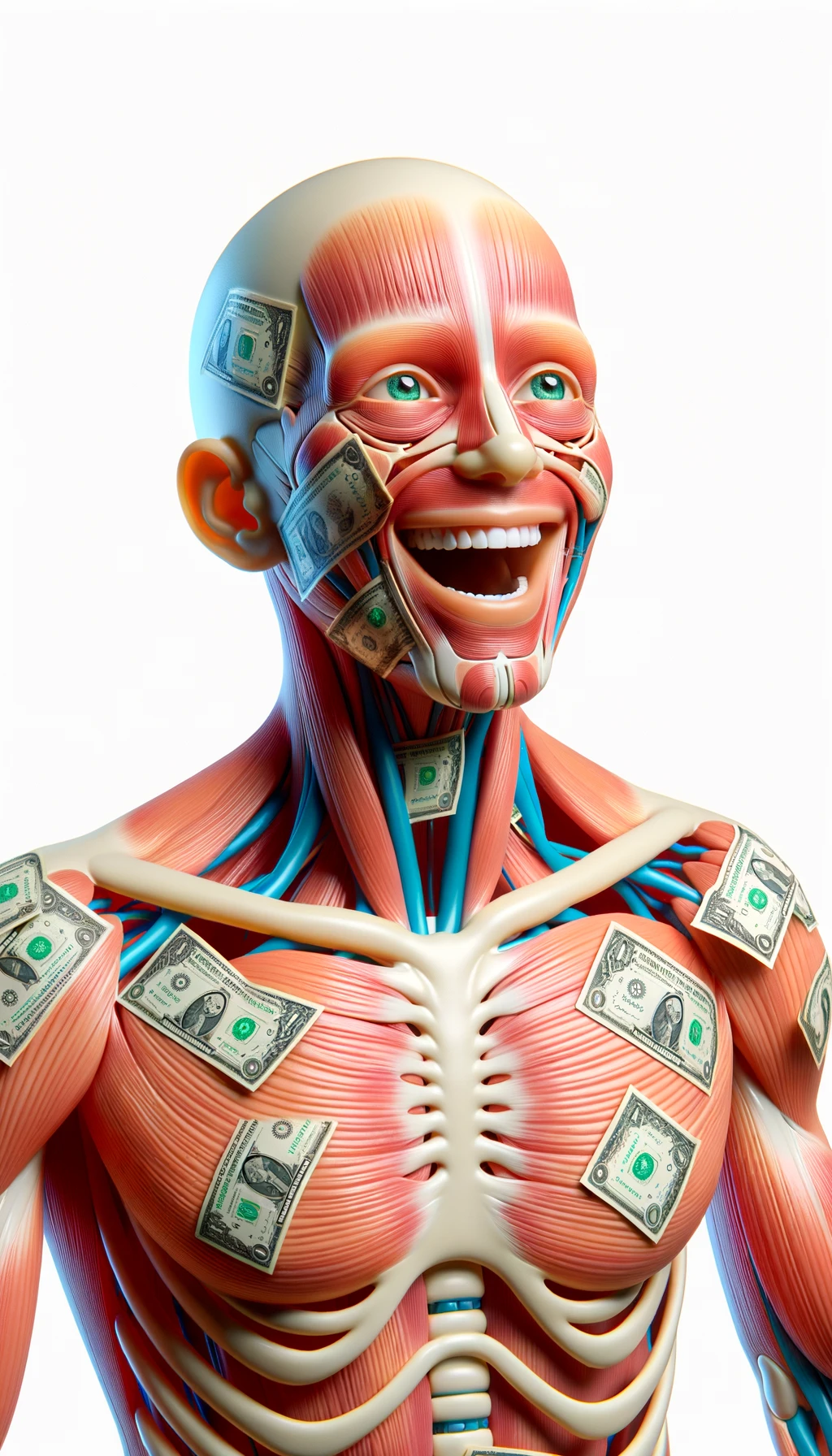 corpo umano anatomico sereno e felice con banconote sparse appiccicate sul corpo, colori realistici del corpo, espressione stupita, iperrealistica 4k, isolato su sfondo bianco emoji
