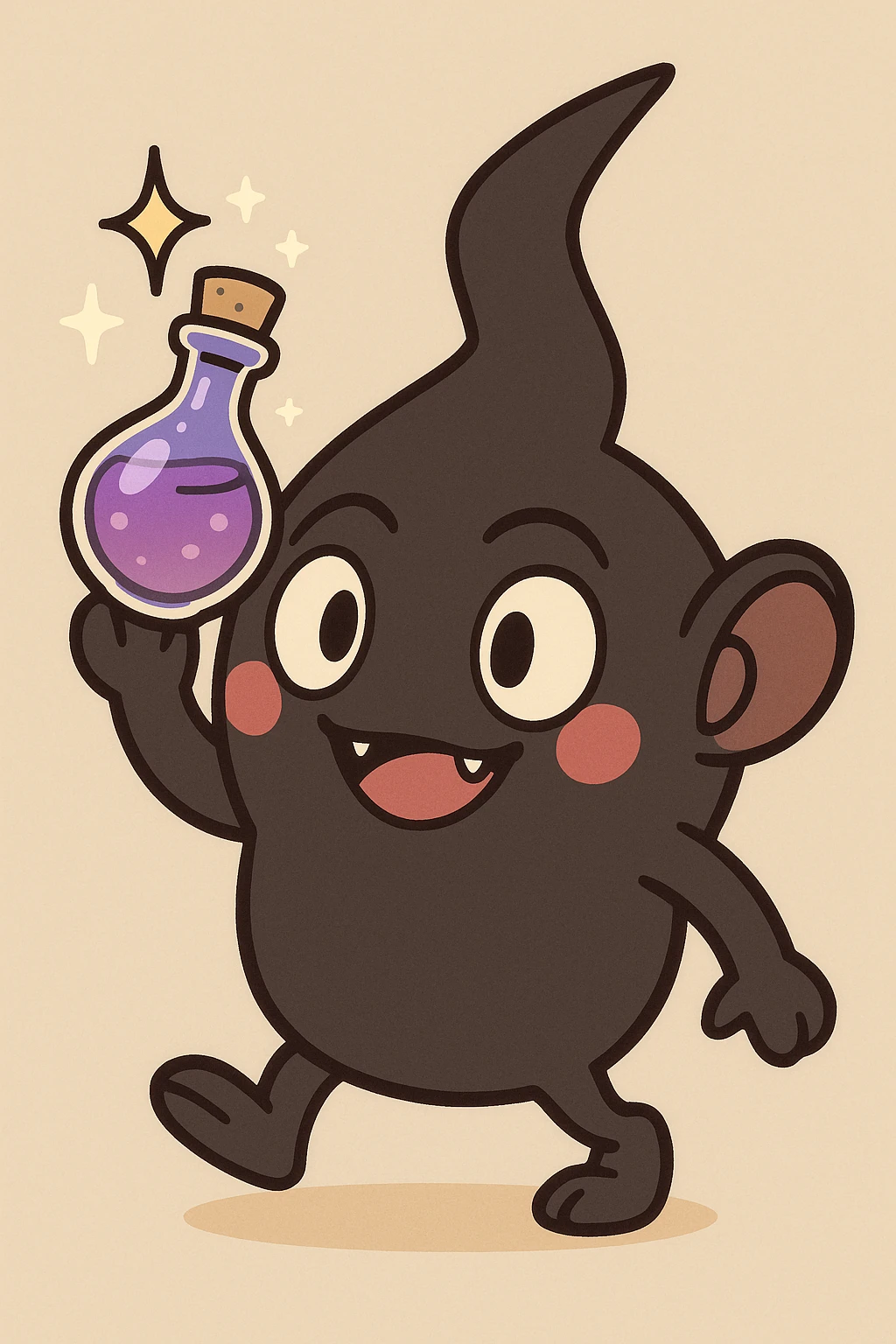 A spriggan from FFXIV holding a fantasia bottle with sparkles, stylized cartoonish, playful expression emoji