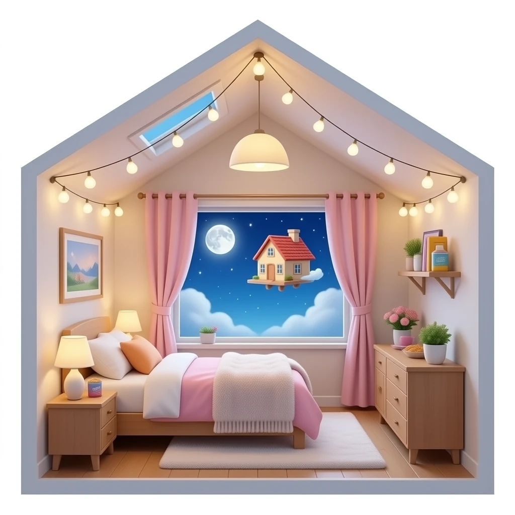 Sky bucnk bed  and ldc lights  and cozy fuzzy blankets and a flying home  in night and a cozy moon and a big window and snacks and inside the house emoji