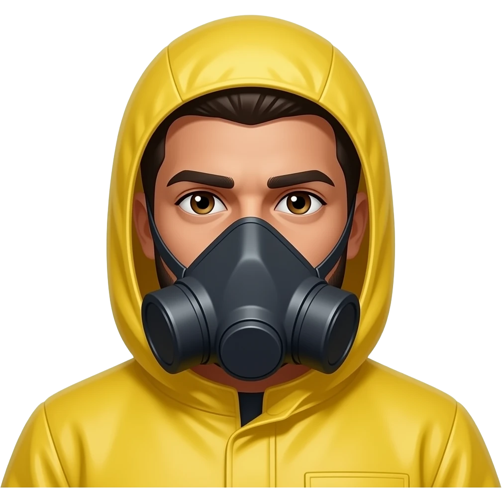 arabian man, dark brown hair, brown eyes, brown skin, yellow hazmat suit with hood on and mask emoji
