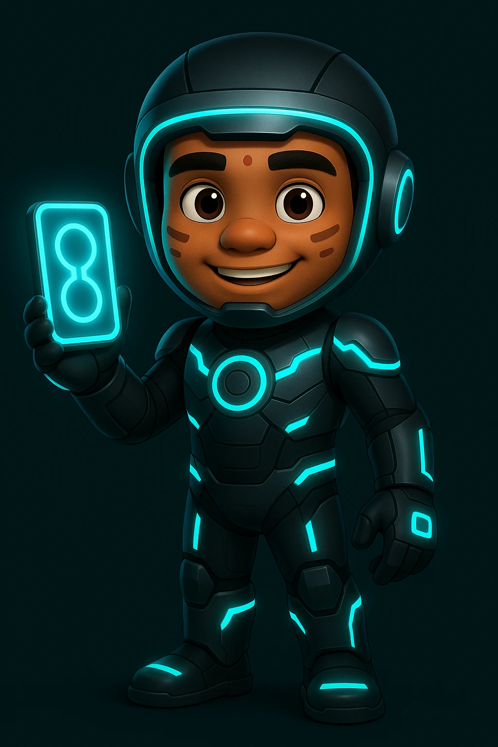 Create the same character as in the reference image but dressed in a futuristic sci-fi suit, holding a glowing gadget, with a friendly expression, full body view. Maintain the character's original style and features. emoji