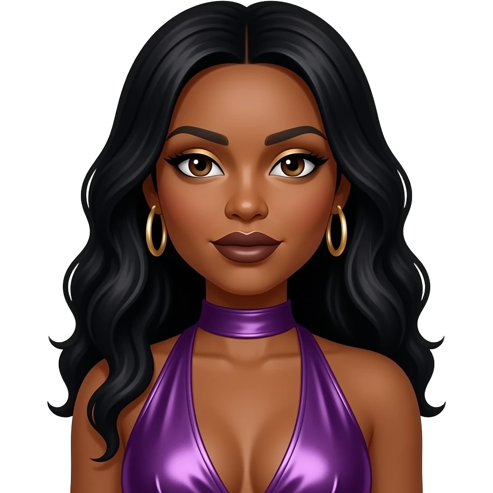 Rozonda Chilli Thomas from TLC with dark brown eyes, long black hair, gold eyeshadow, dark brown lipstick, purple metallic halter dress, earrings emoji