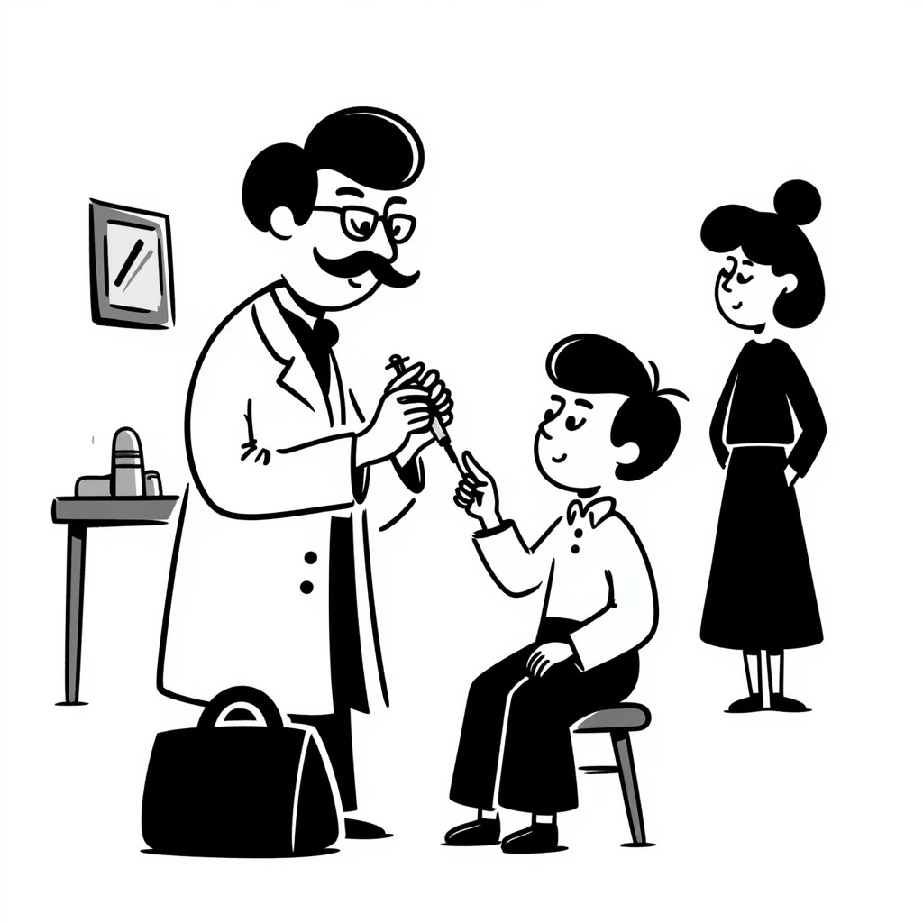 A Victorian doctor giving a young poor boy a vaccination with the boy's mother in the background looking worried emoji