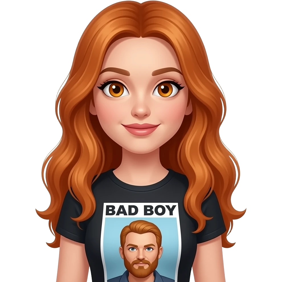 sexy girl with long ginger hair and ginger eyes a top with BAD BOY written on it emoji