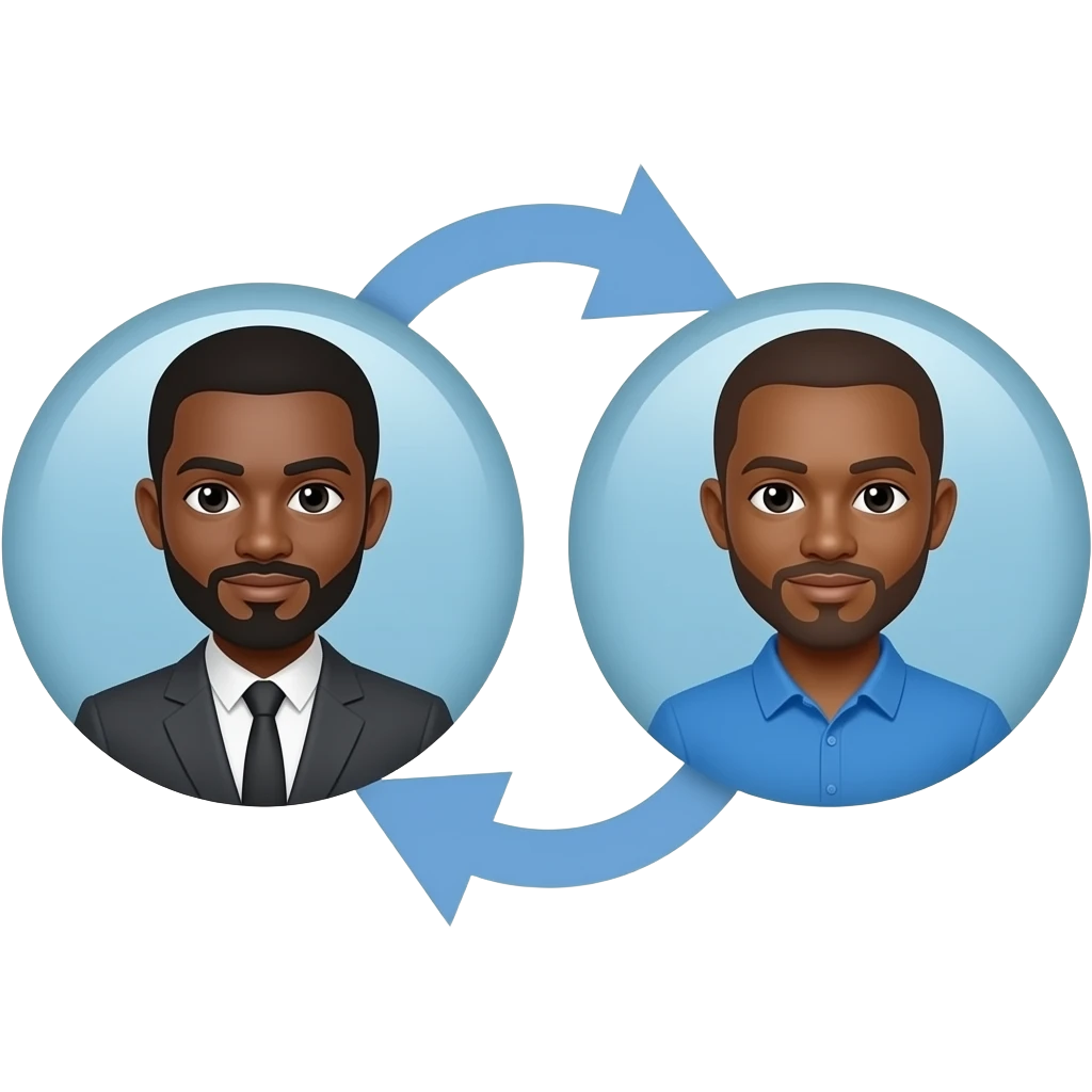 Icône d'entreprise en design plat montrant deux avatars de personnes africaines circulaires connectés par des flèches bidirectionnelles courbes, l'un en gris foncé portant un costume, l'autre en bleu décontracté. emoji