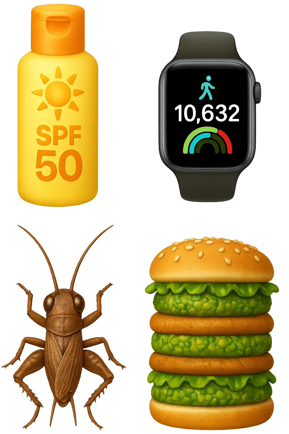 emoji stile iphone di una boccetta di CREMA SOLARE, UNO SMARTWATCH CONTAPASSI, UN GRILLO, UNA TORRETTA DI HAMBURGER FATTI CON I PISELLI, IPERREALISTICO 4K emoji