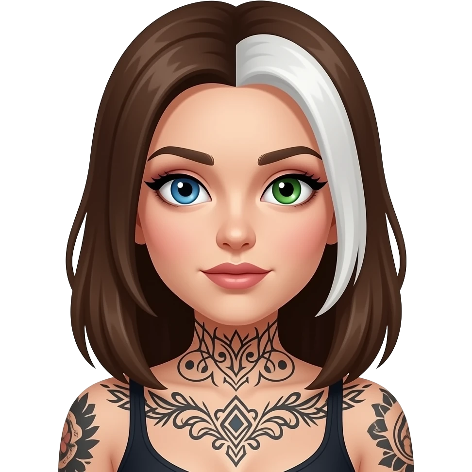 One blue eye one green eye pale white woman with brown hair with white streak in front and dark feminine makeup and body tattoos emoji