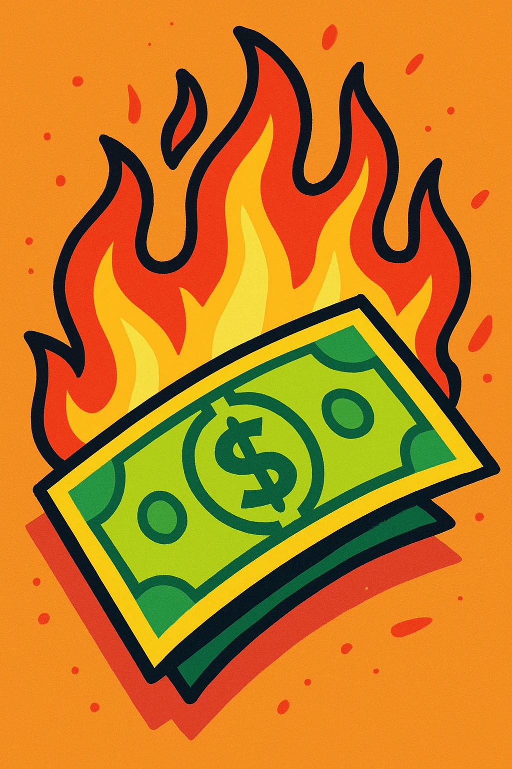 a dollar bill on fire, stylized, vibrant colors, dynamic and eye-catching illustration emoji