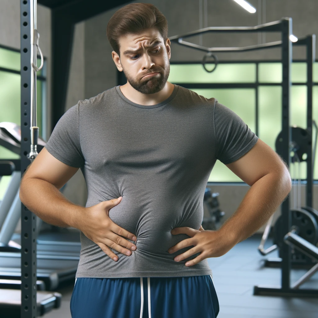 UOMO IN PALESTRA LEGGERMENTE SOVRAPPESO, SI TOCCA LA PANCIA CON ESPRESSIONE DISPIACIUTA IN VOLTO, iperrealistico 4k emoji