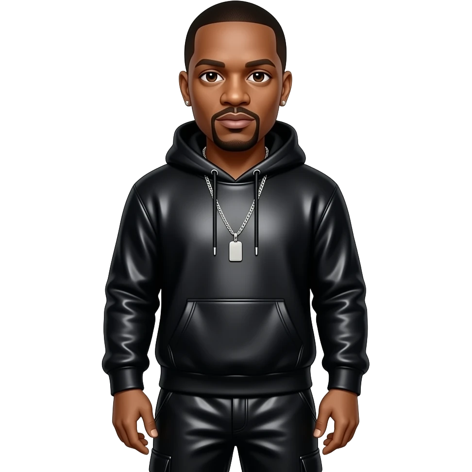 Dr Dre with dark brown eyes, black buzz cut hair, black metallic sweatshirt, black metallic baggy pants, necklace emoji