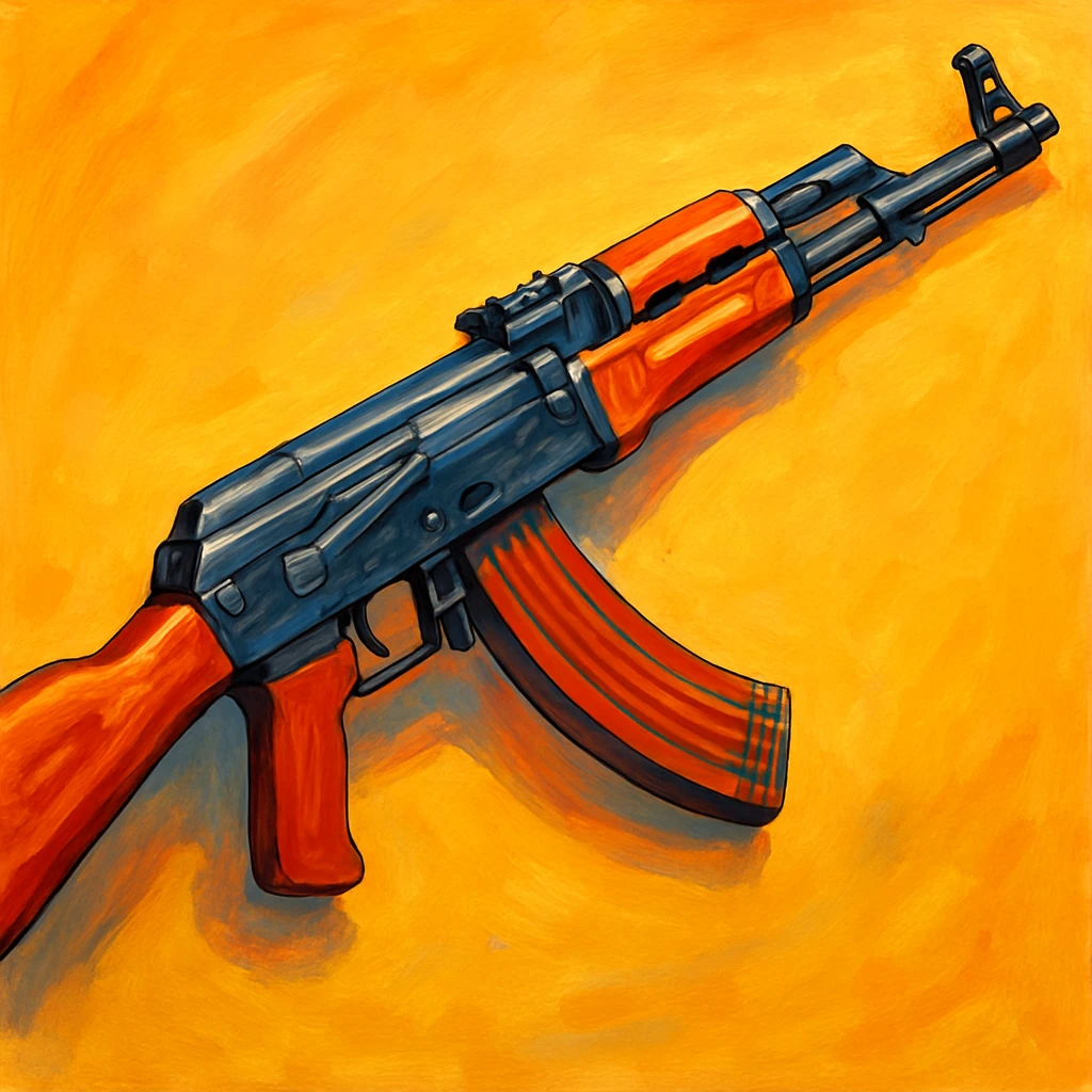 Сгенерируй мне АК 47 в чуть рисованном стиле, ярко объемно и красочно! на однородном фоне emoji