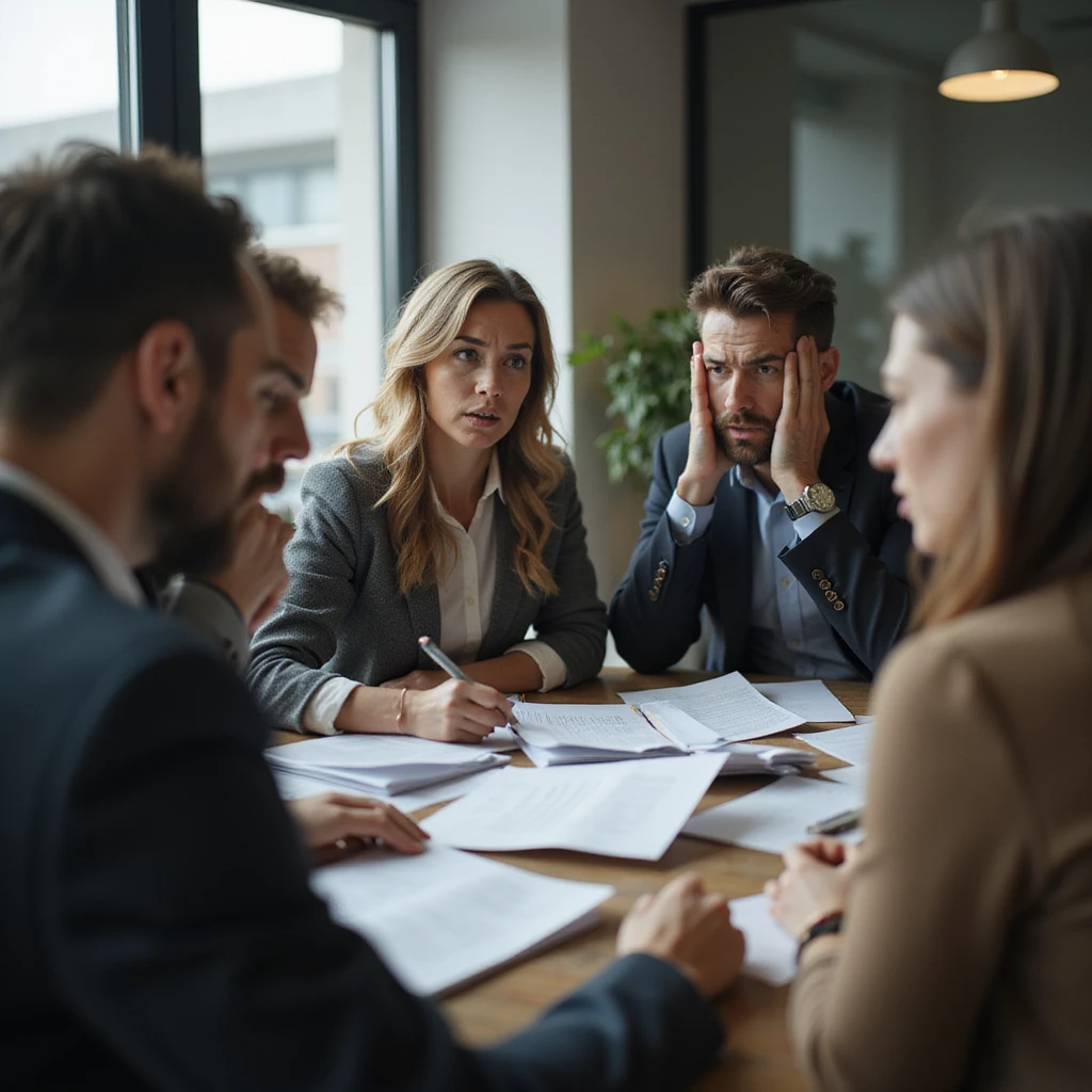 Group of colleagues arguing in an office, tense and frustrated expressions, scattered documents on the desk, work environment, hyperrealistic details, 4K resolution emoji