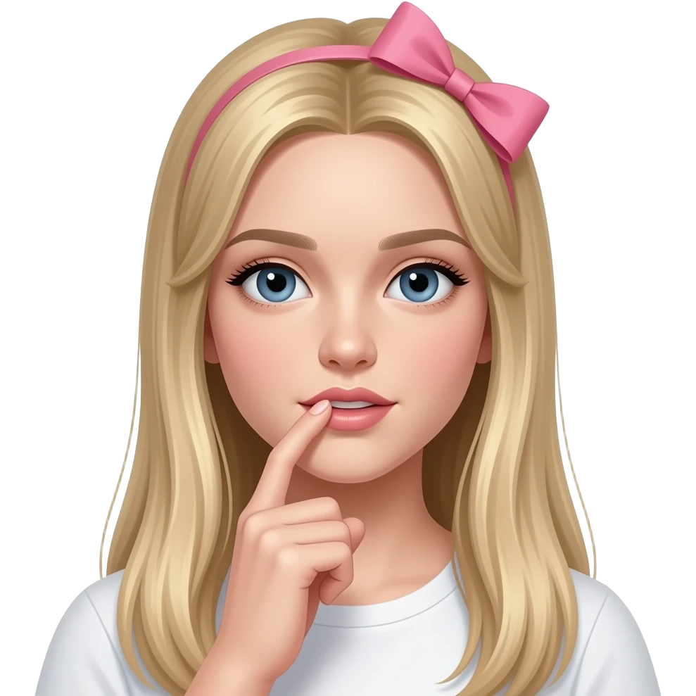 que se muerda el dedo la chica un poco mar realista el pelo rubio y largo lacio nariz perfecta y el lazo rosa emoji