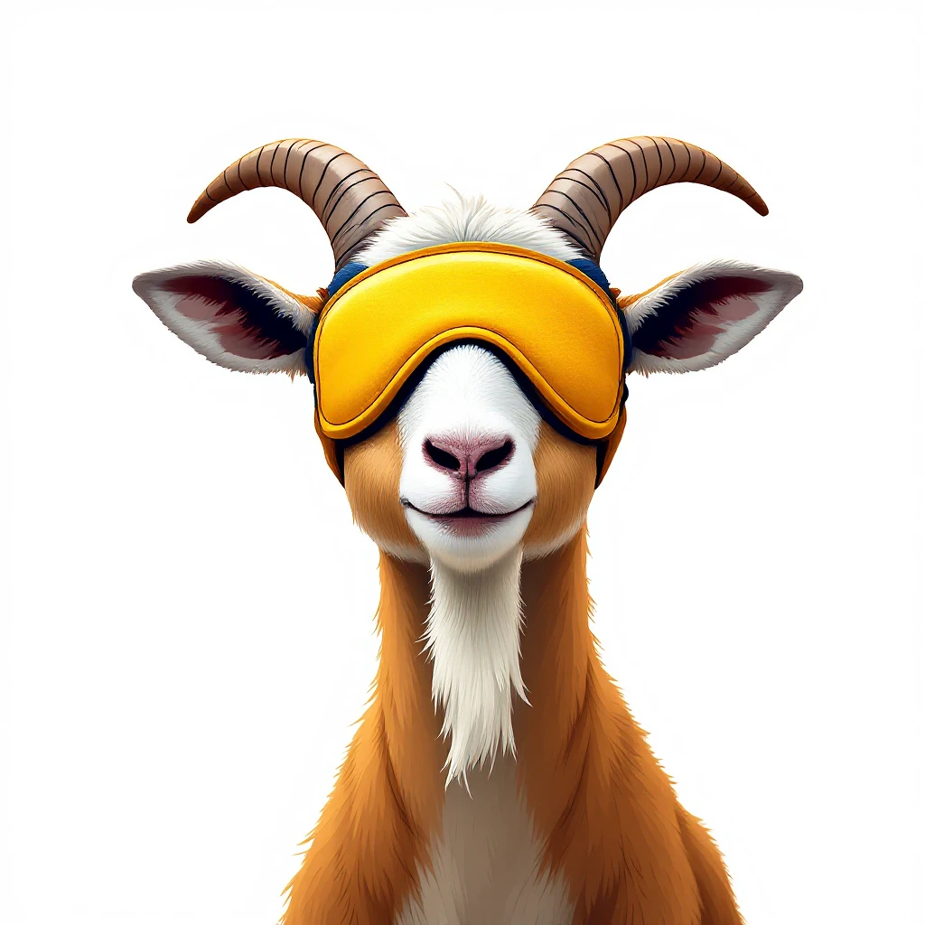 a goat with yellow sleep mask, front view,  Frontal Top-Down Soft Light, white background, portrait, casual cartoon stylized style art emoji