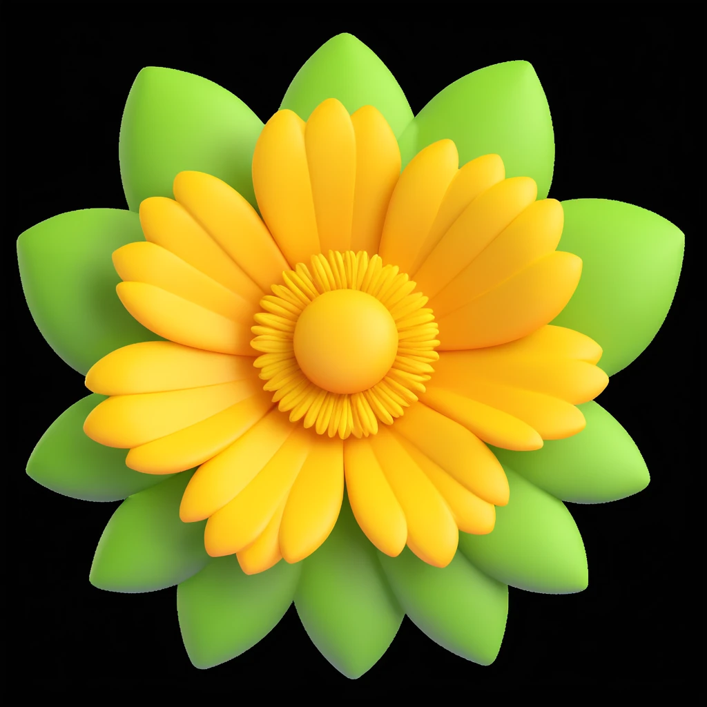 bright yellow flower with detailed petals and textured center, 3D iOS emoji style, leafy green background emoji