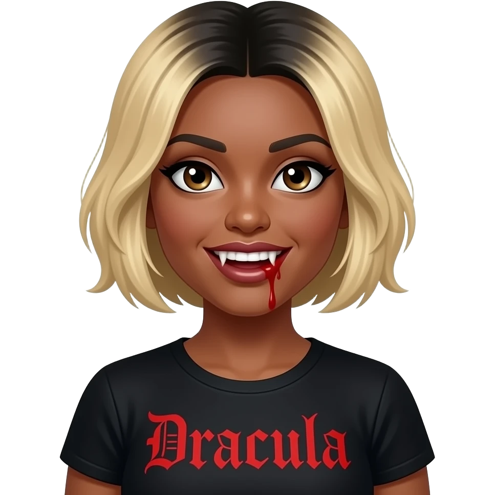 women blond medium short hair face looking to the side with black roots, black skin, brown eyes, black tee shirt vampire red writing,  dracula teeth with blood on the fangs emoji