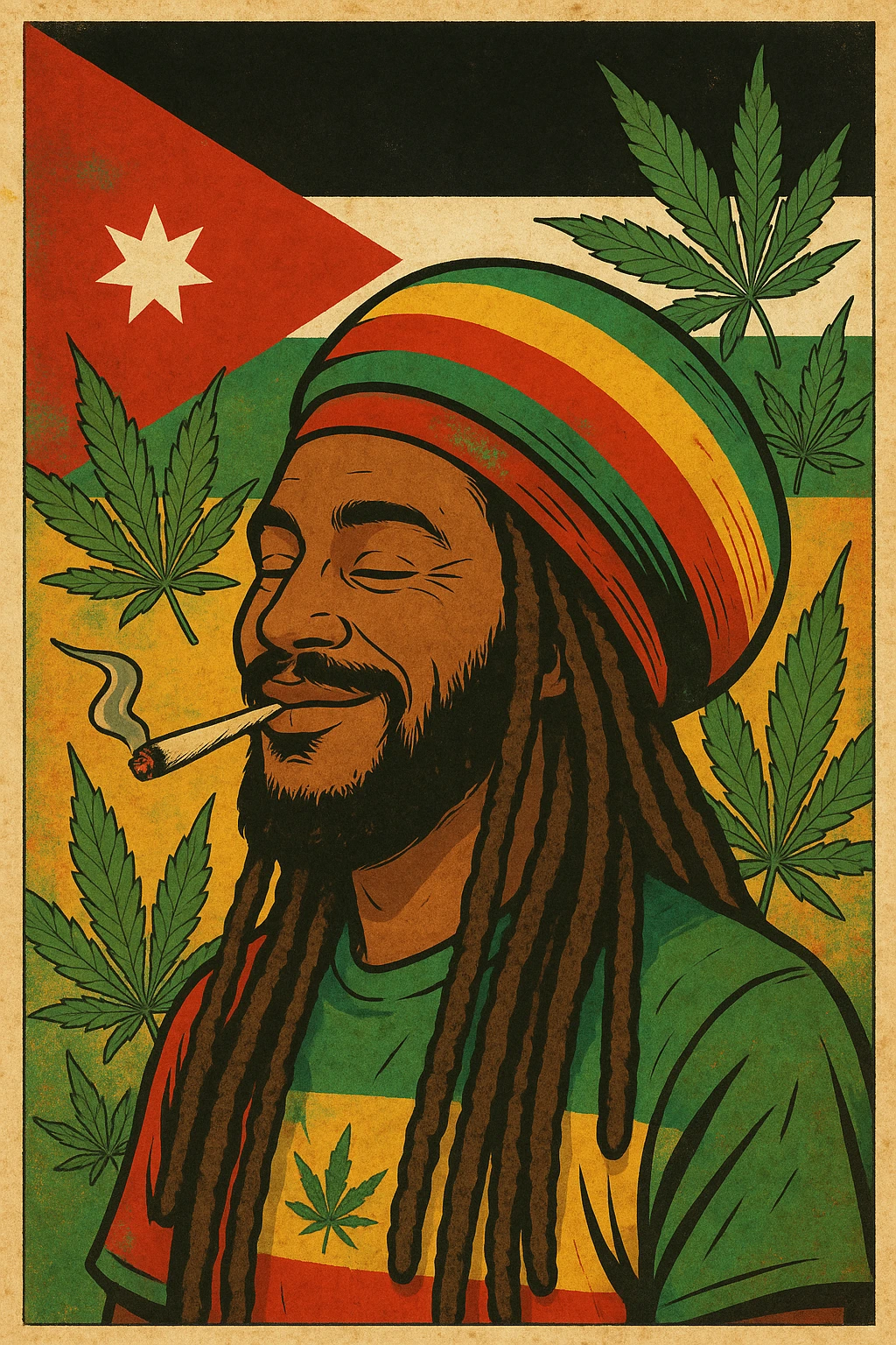 A digital vintage-style poster illustration of a Jordanian Rasta man with dreadlocks, wearing a red, yellow, green striped tam hat. He is smiling peacefully with a lit herbal spliff in his mouth. The background features the official Jordan flag — black, white, green horizontal stripes with a red triangle and a white 7-point star — accurately displayed behind him. Cannabis leaves are tastefully arranged around the composition, and the poster includes Rasta color textures blended with the Jordanian palette. Use a retro poster style with warm, slightly aged textures, bold outlines, and soft shading to evoke a soulful reggae vibe that honors both Jordanian pride and Rasta spirit. The mood is chill, powerful, and respectful emoji