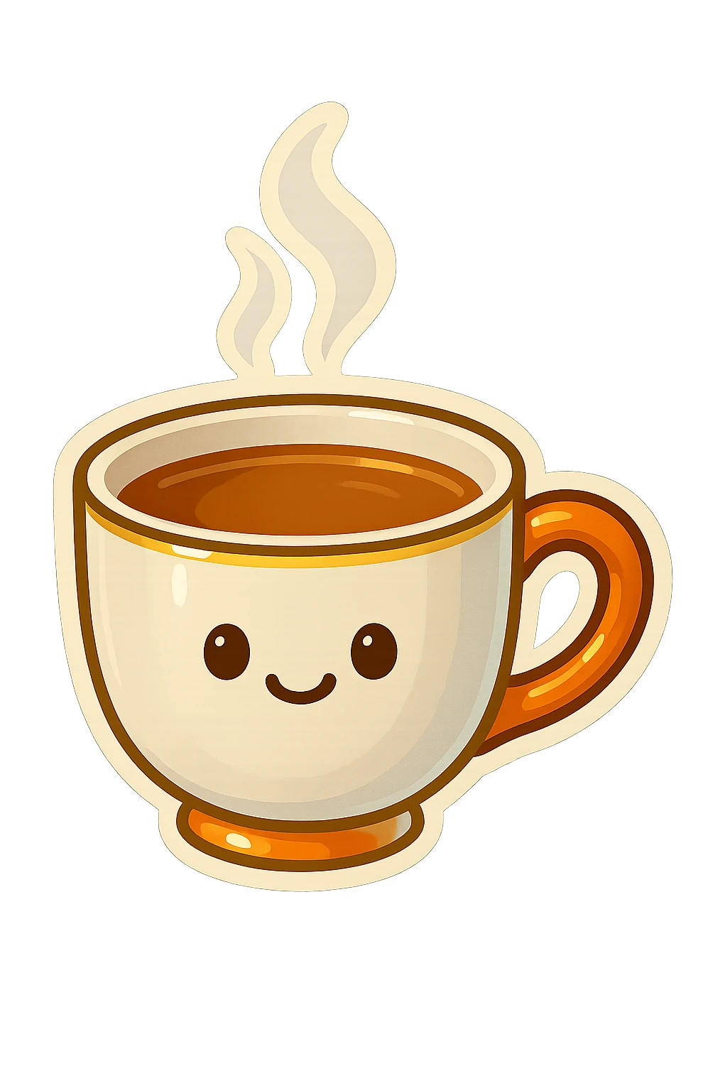 Hermès-style ceramic cup of tea, minimal design, Hermès orange handle, gold rim, cute emoji style, with steam, on white or transparent background emoji