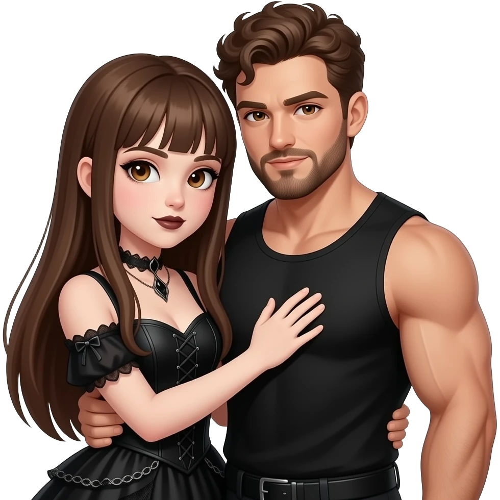 realistic sexy pale skin long straight brown hair girl brown eyes long face wearing gothic dress and gothic makeup HD and her muscular man short brown curly hair and beard hugging emoji