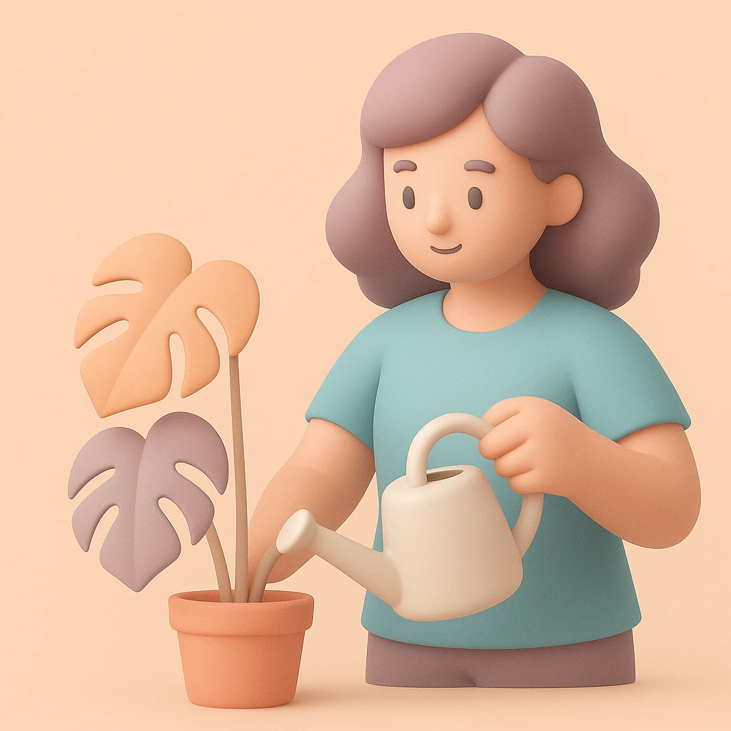 woman watering her monstera plant emoji