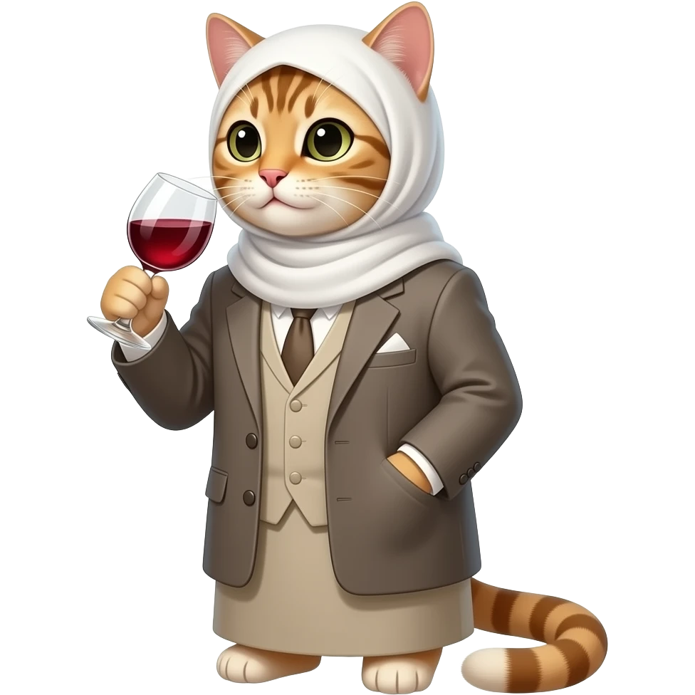 make a sophisticated muslim cat drinking a glass of red wine in glasses and sahri emoji