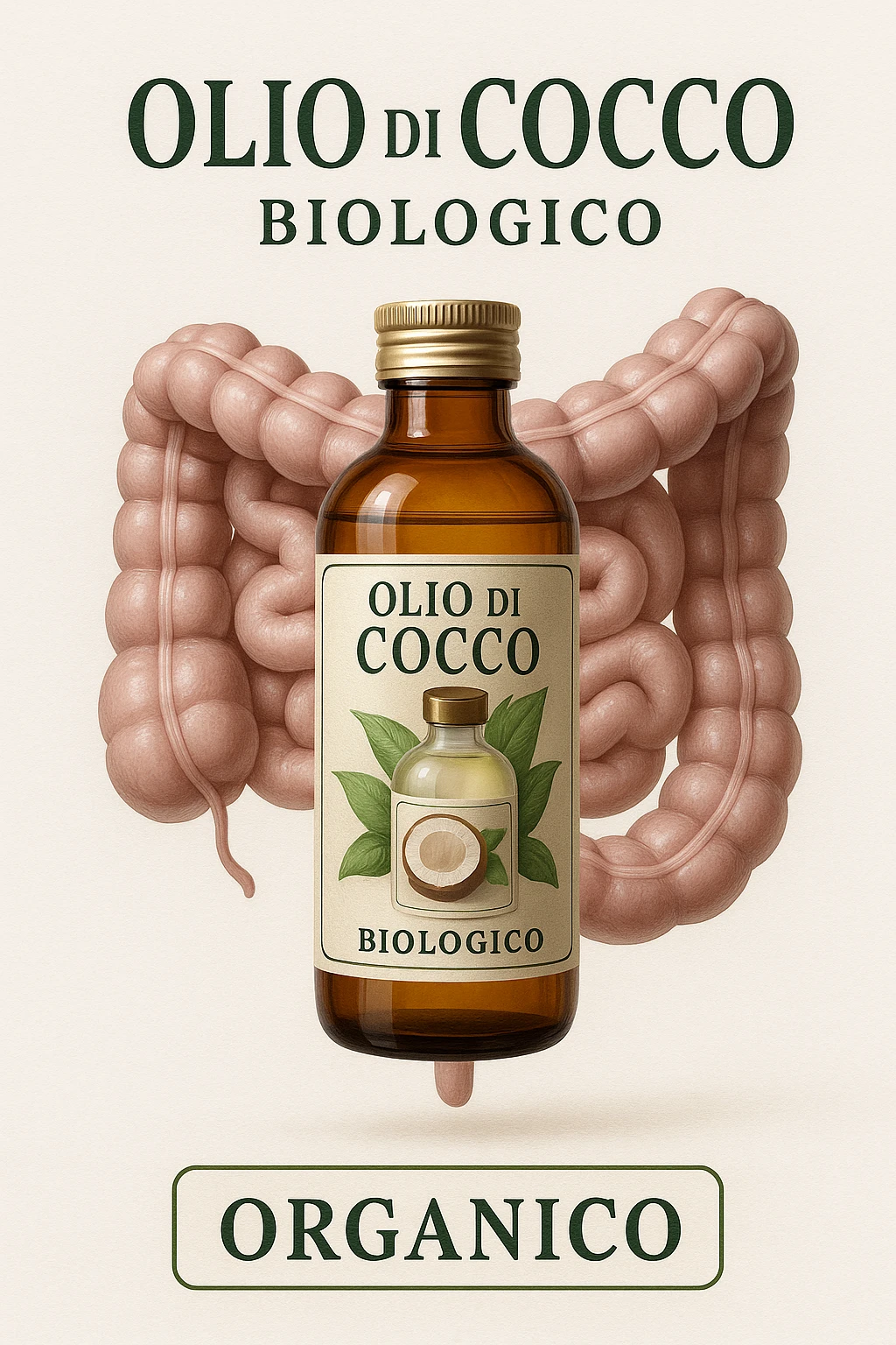 BOCCETTA DI OLIO DI COCCO BIOLOGICO (FAI UN ETICHETTA SUL PRODOTTO IN ITALIANO) CHE FLUTTUA IN ARIA DAVANTI A UN INTESTINO UMANO ANATOMICO IN PERFETTA SALUTE, SFONDO CHIARO, iperrealistico 4k emoji