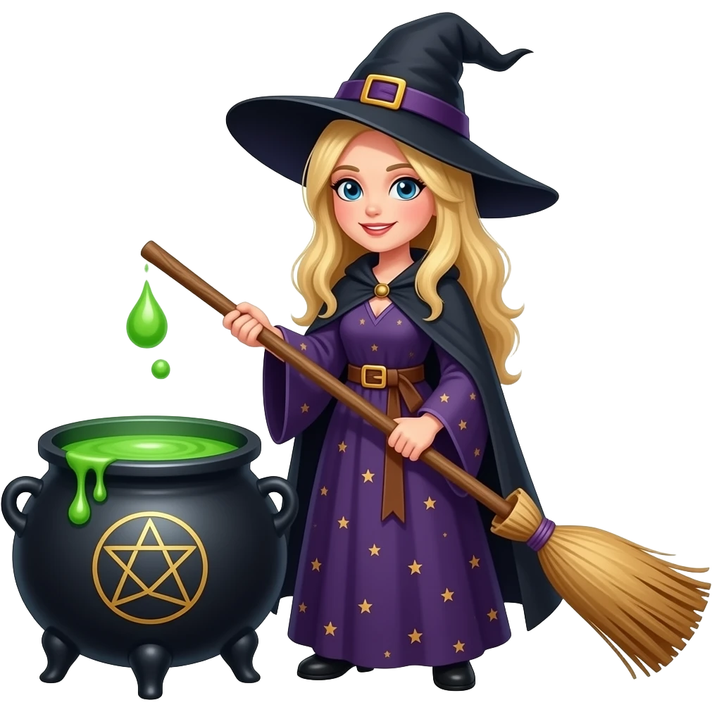 Witch with blonde hair, cauldron, pentagram, broomstick emoji