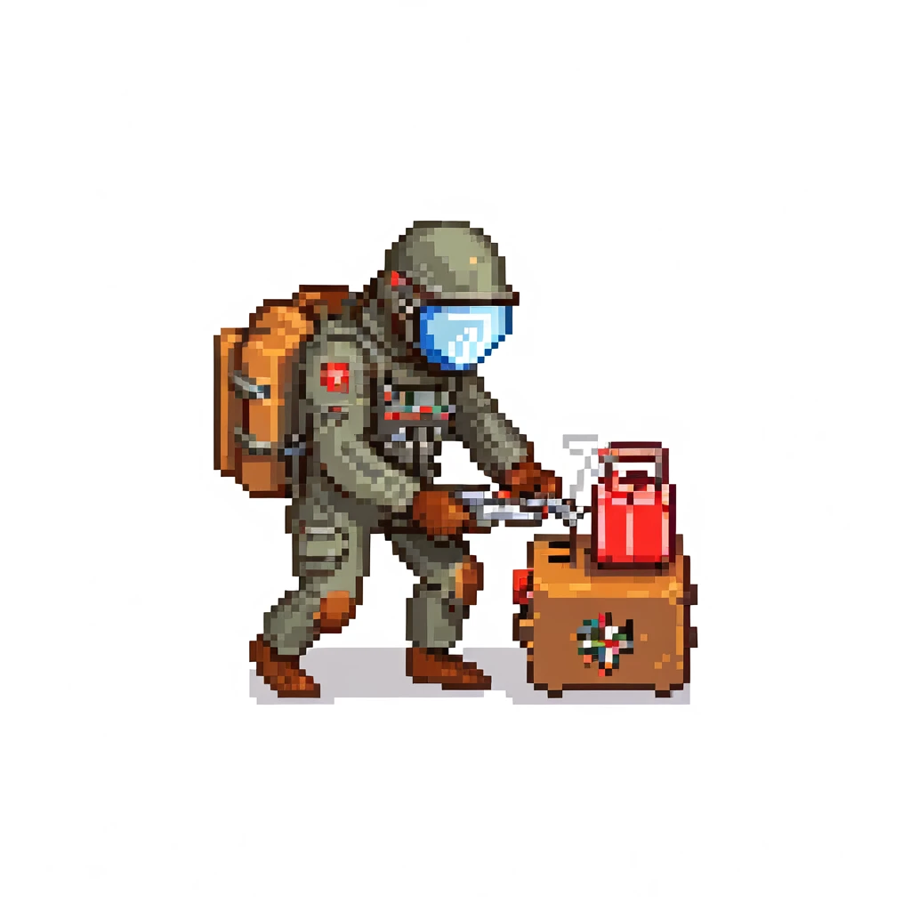 a SNES box art image of a man in a heavy EOD protective milsuit, using pliers in his hand to repair a toaster with three red tubes connected to it. Cutscene graphic emoji