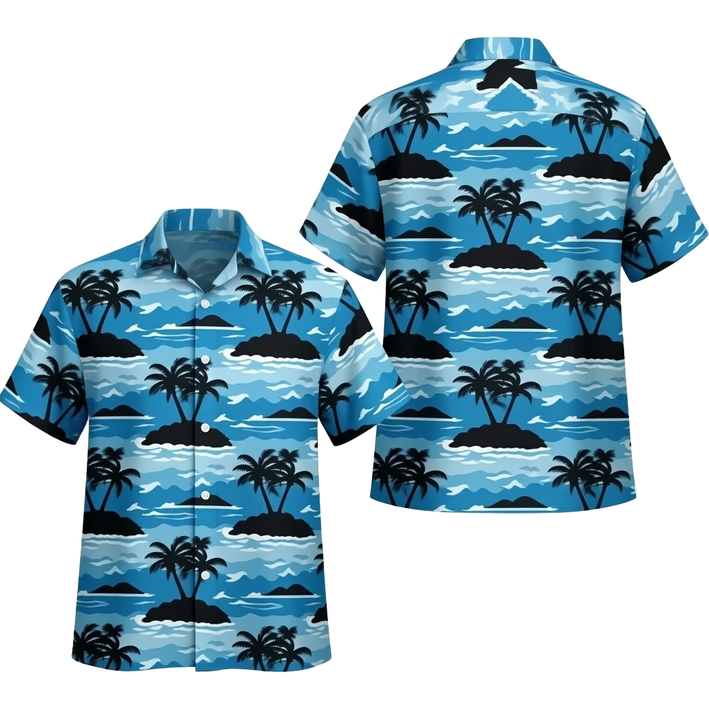 blue hawaiin shirt with black silhouettes of ocean and islands and palm trees on it emoji