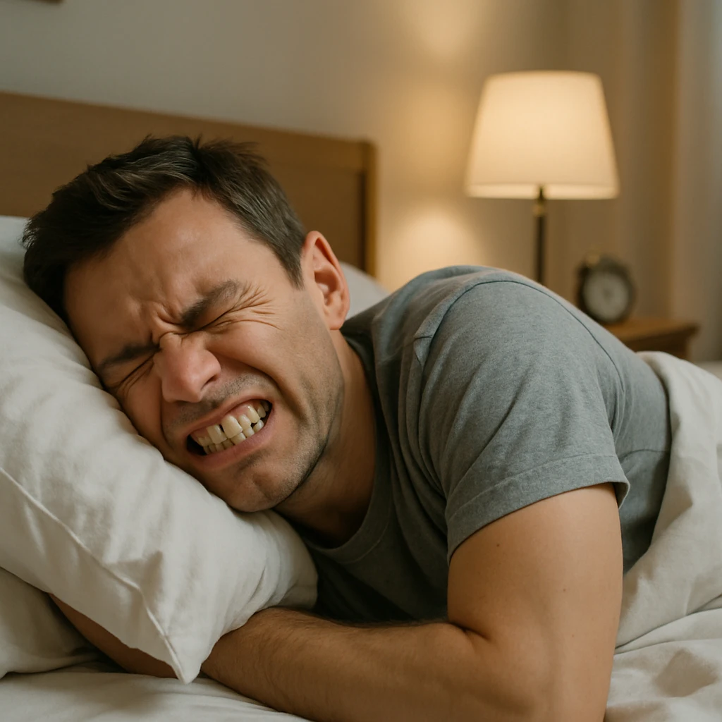 realistic man gritting teeth while sleeping, tense expression even during sleep, clear and informative atmosphere emoji