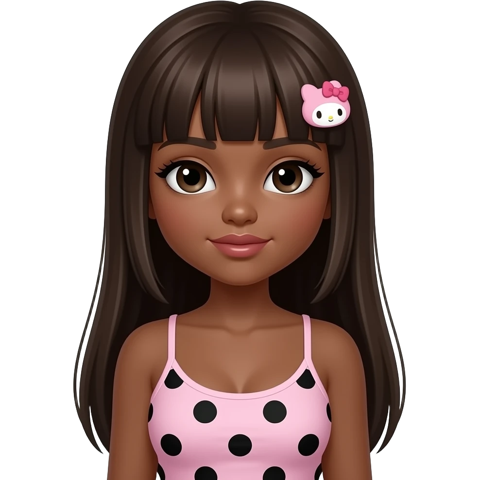 Dark brown skin, Gyaru makeup, my melody hairclip, cutecore, doll eyes, Doll, big chest, black girl with dark brown skin, with straig htened long dark brown hair, black cute eyes, cute lips with Gyaru outfit with tank top light pink and black polka dots emoji
